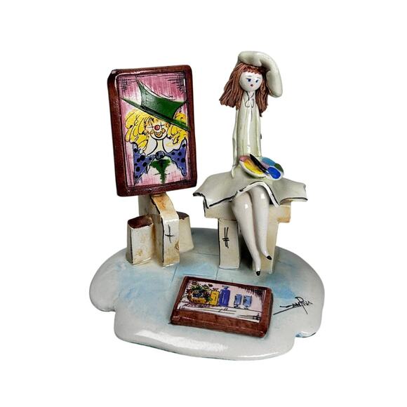 Vintage Zampiva Girl Painting Statue Made In Italy Canvas Pallette 3"x3" - Picture 1 of 8